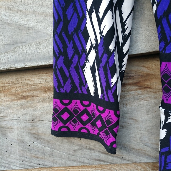 Max & Cleo Dark Purple White Black Lilac Dress LS Ties In Back - Picture 7 of 16